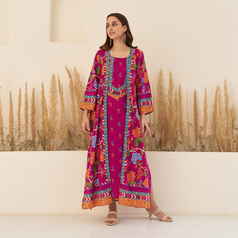 Wine A-Line Spaghetti Dress with Floral Shrug
