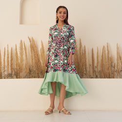 Sea Green Floral Collar Shirt Dress with Flared Hem