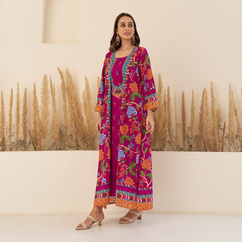 Wine A-Line Spaghetti Dress with Floral Shrug