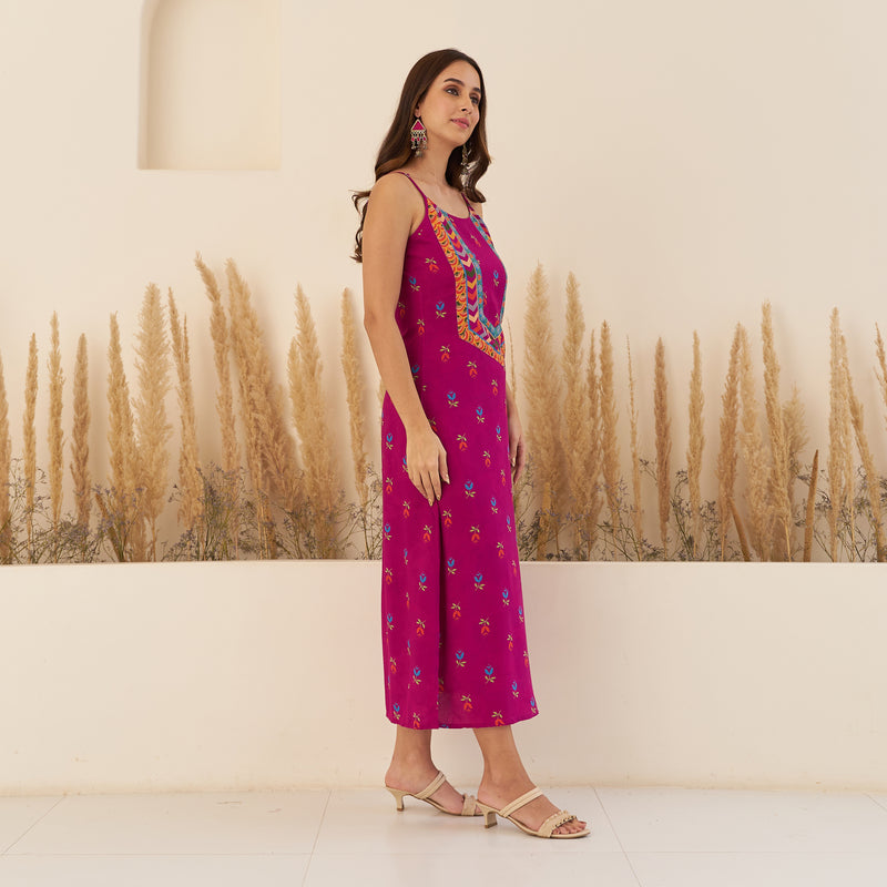 Wine A-Line Spaghetti Dress with Floral Shrug
