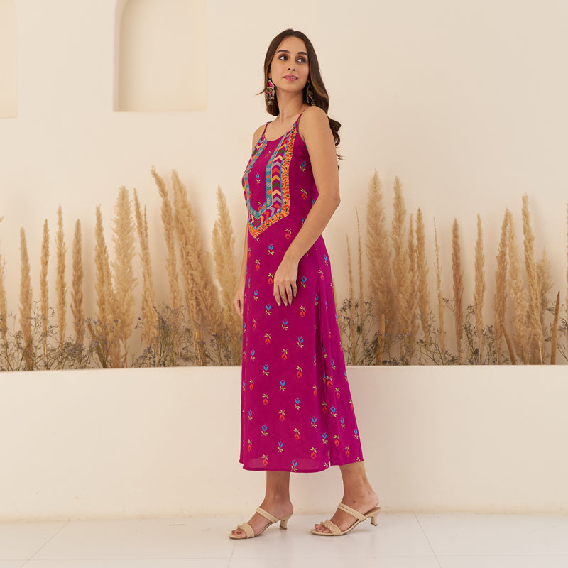 Wine A-Line Spaghetti Dress with Floral Shrug