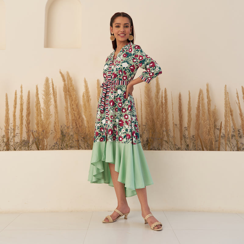 Sea Green Floral Collar Shirt Dress with Flared Hem