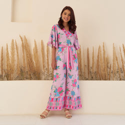 Lilac Jumpsuit with Flared Sleeves and Tie up Detail