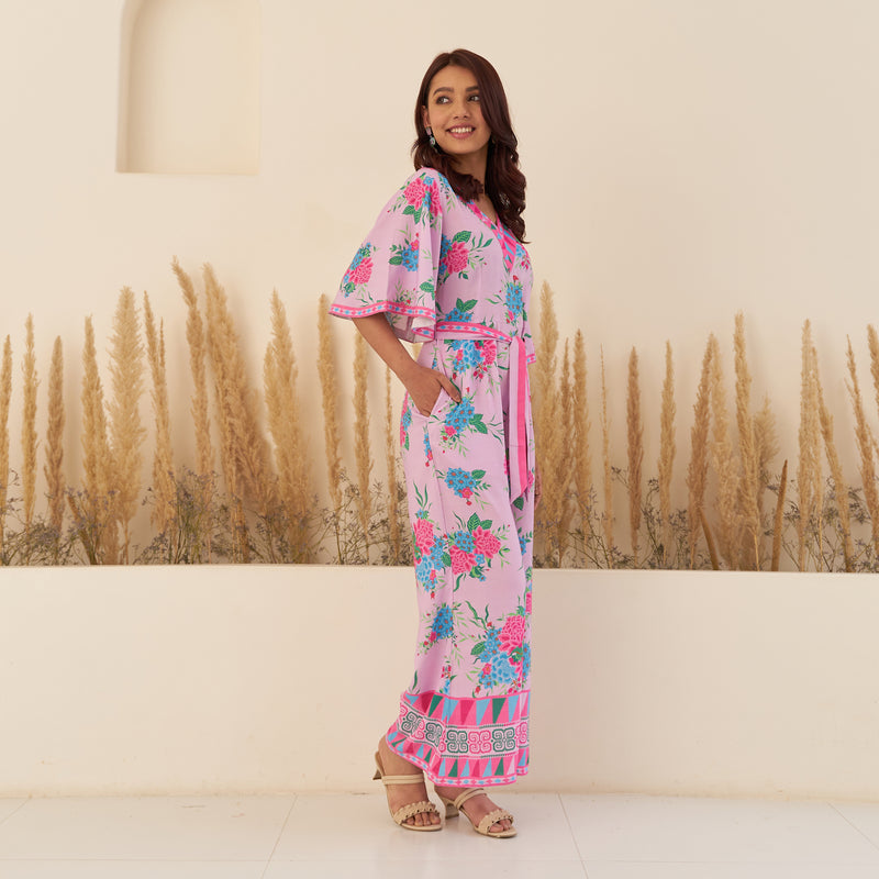 Lilac Jumpsuit with Flared Sleeves and Tie up Detail