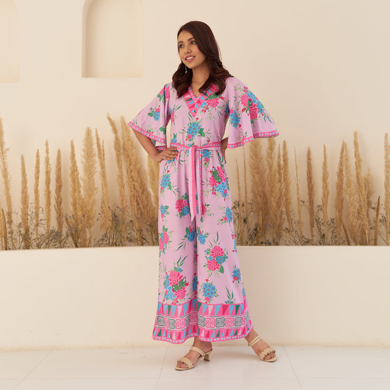 Lilac Jumpsuit with Flared Sleeves and Tie up Detail