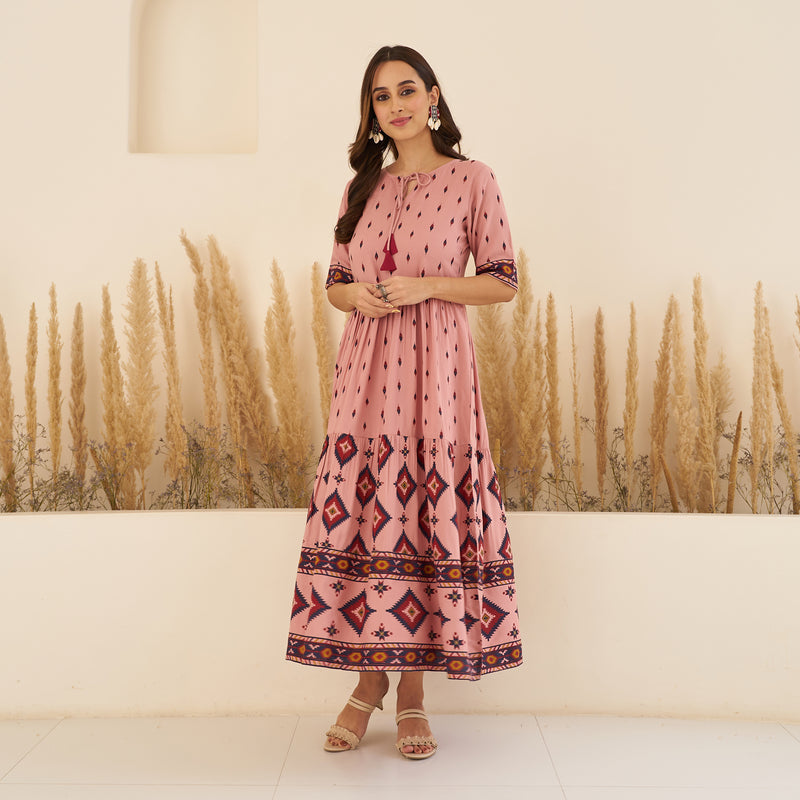 Baby Pink Printed Tier Dress with Front Tie up Detail