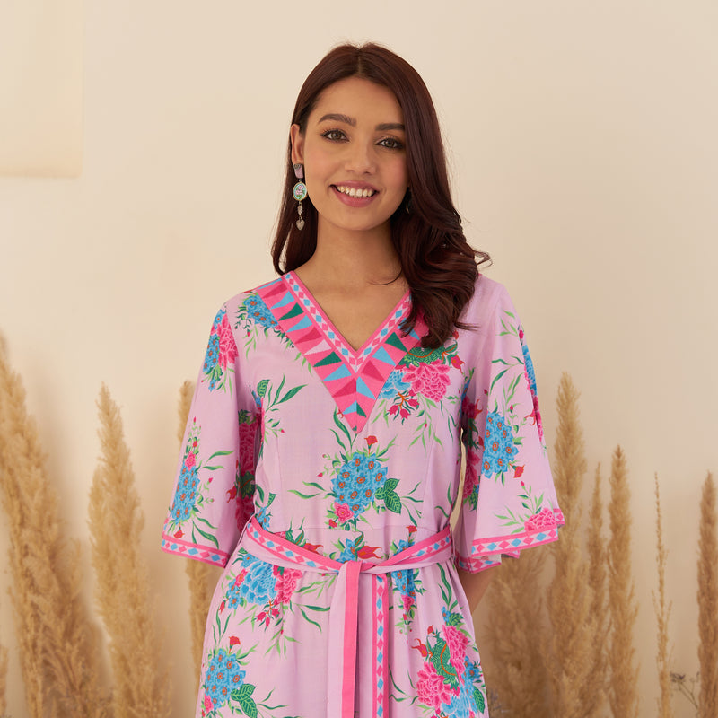 Lilac Jumpsuit with Flared Sleeves and Tie up Detail