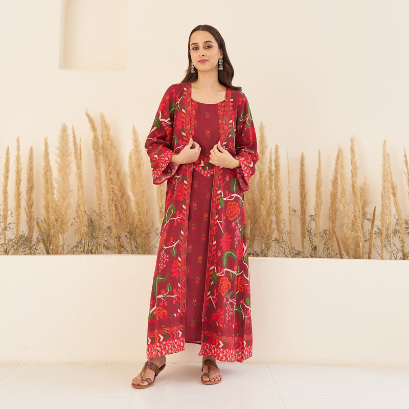 Buy Maroon A Line Spaghetti Dress with Floral Shrug Rustorange