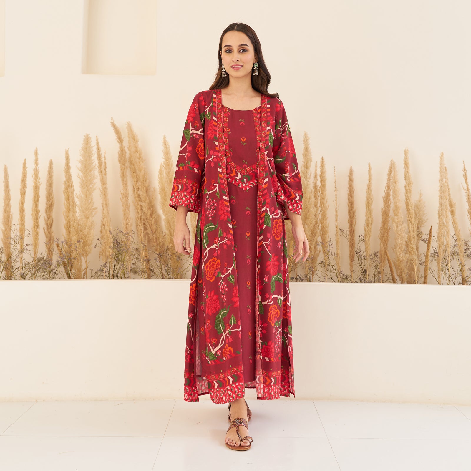 Buy Maroon A-Line Spaghetti Dress with Floral Shrug