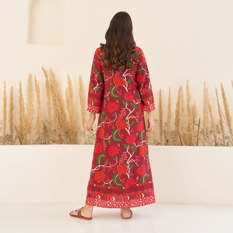 Maroon A-Line Spaghetti Dress with Floral Shrug