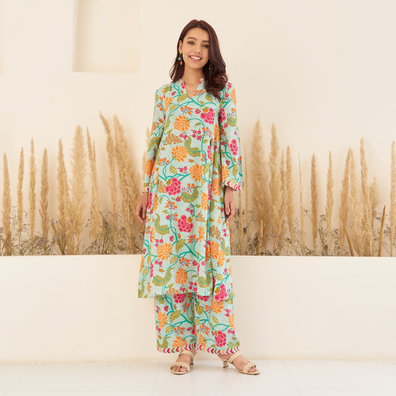 Sea Green Front Pleated Floral Kurta Pant Set Rustorange