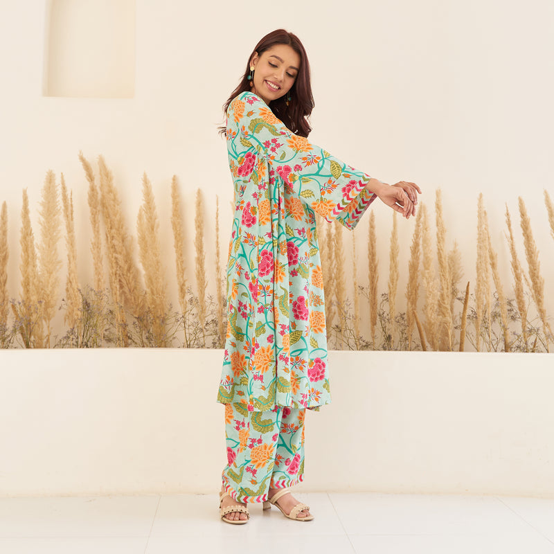 Sea Green Front Pleated Floral Kurta Pant Set