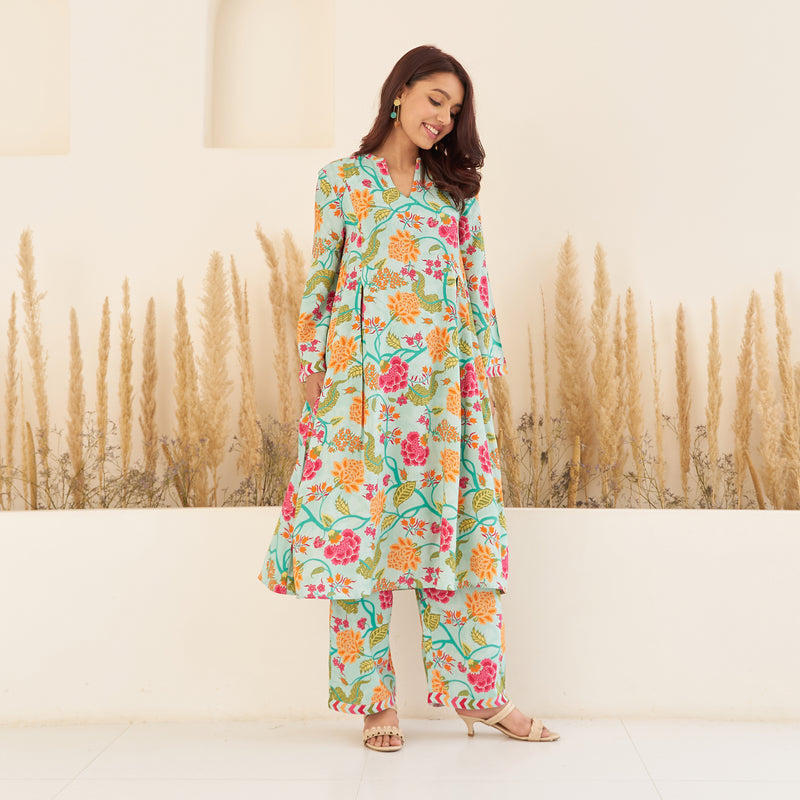 Sea Green Front Pleated Floral Kurta Pant Set