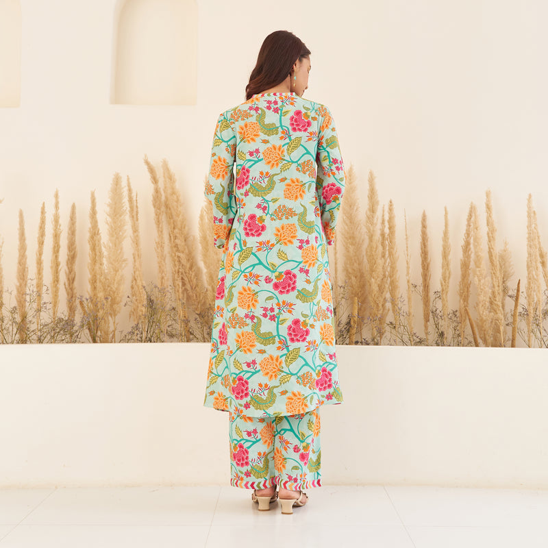 Sea Green Front Pleated Floral Kurta Pant Set