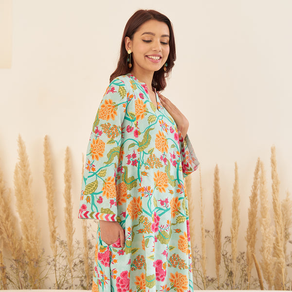 Sea Green Front Pleated Floral Kurta Pant Set