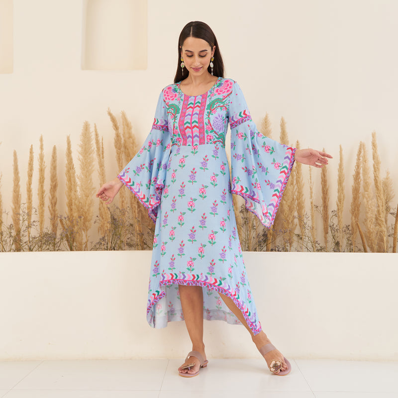 Sky Blue High Low Gathered Dress with Handkerchief Sleeves