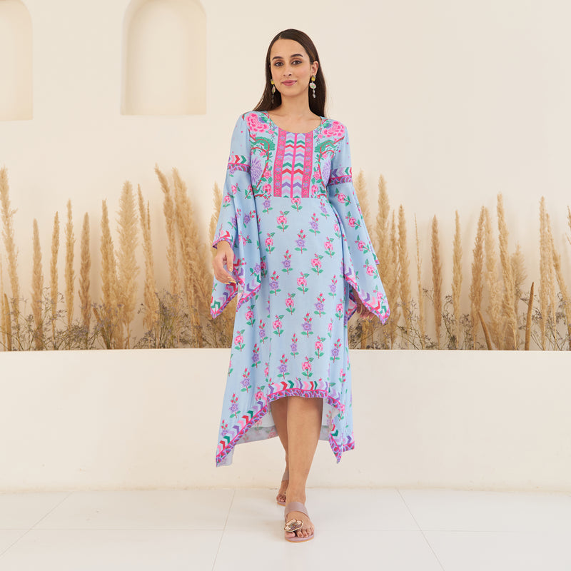 Sky Blue High Low Gathered Dress with Handkerchief Sleeves