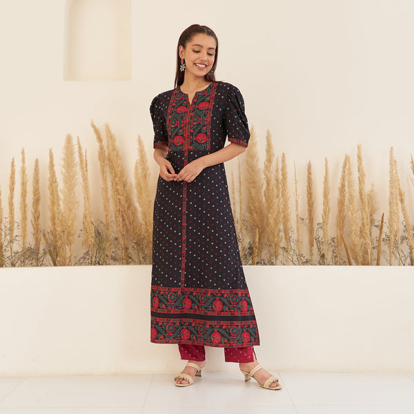 Black Bandhani Inspired Kurta Pant Co-ord Set for Women with Puff Sleeves
