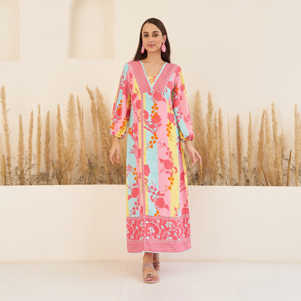 Pink Yellow Side Slit Long Dress with Bishop Sleeves