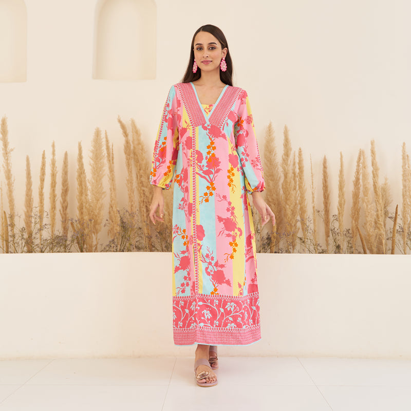 Pink Yellow Side Slit Long Dress with Bishop Sleeves