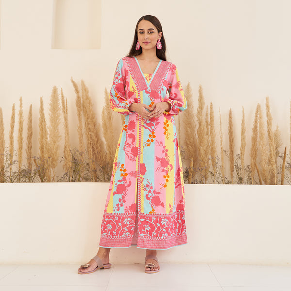 Pink Yellow Side Slit Long Dress with Bishop Sleeves