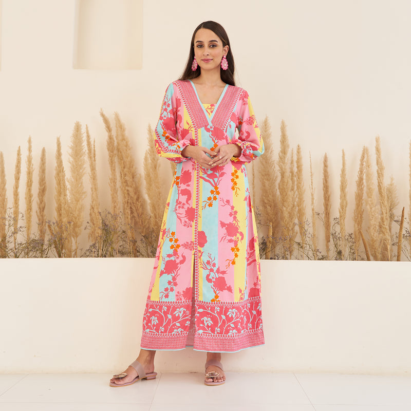 Pink Yellow Side Slit Long Dress with Bishop Sleeves