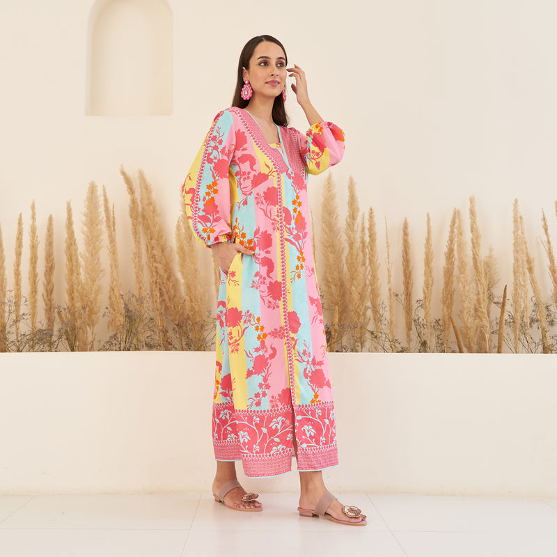 Pink Yellow Side Slit Long Dress with Bishop Sleeves