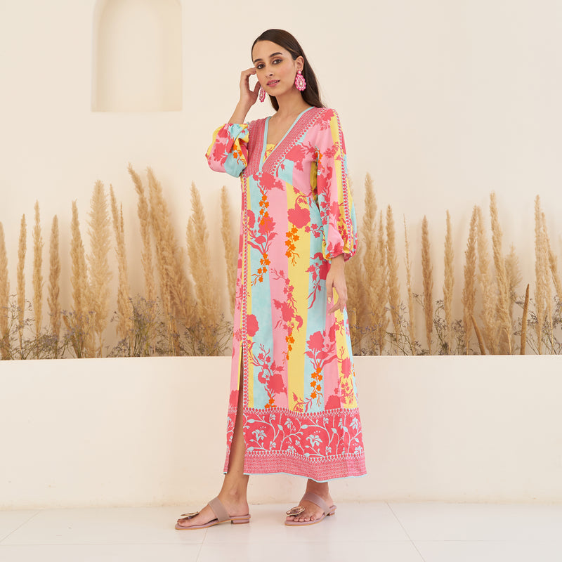 Pink Yellow Side Slit Long Dress with Bishop Sleeves