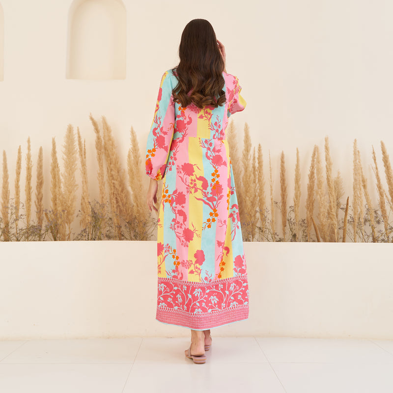 Pink Yellow Side Slit Long Dress with Bishop Sleeves