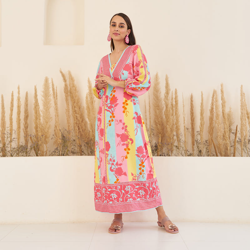 Pink Yellow Side Slit Long Dress with Bishop Sleeves
