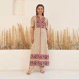 Beige Bandhani Inspired Kurta Pant Co-ord Set with Puff Sleeves
