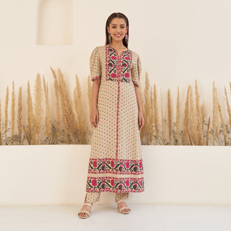 Beige Bandhani Inspired Kurta Pant Co-ord Set with Puff Sleeves