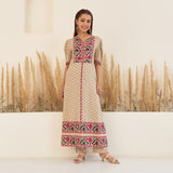 Beige Bandhani Inspired Kurta Pant Co-ord Set with Puff Sleeves