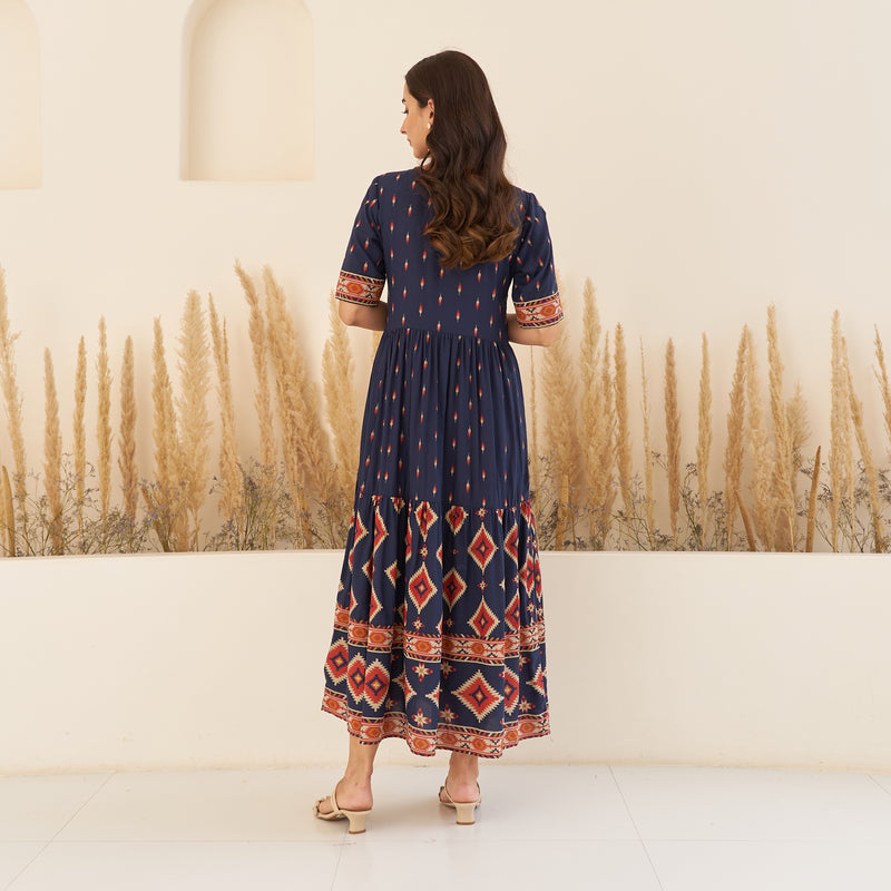 Navy Blue Printed Tier Dress with Front Tie up Detail