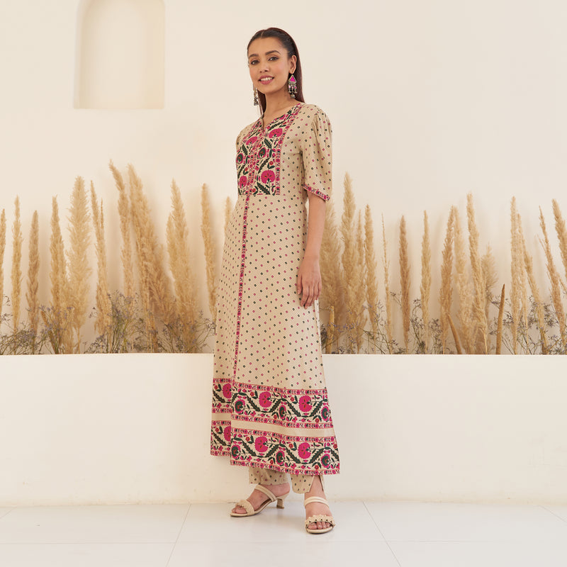 Beige Bandhani Inspired Kurta Pant Co-ord Set with Puff Sleeves