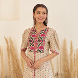 Beige Bandhani Inspired Kurta Pant Co-ord Set with Puff Sleeves