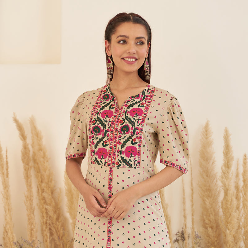 Beige Bandhani Inspired Kurta Pant Co-ord Set with Puff Sleeves