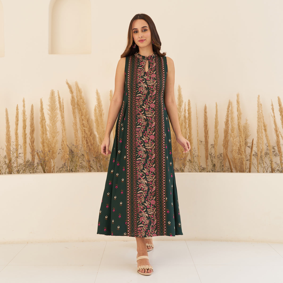 Emerald Green Floral Mandarin Collar Dress