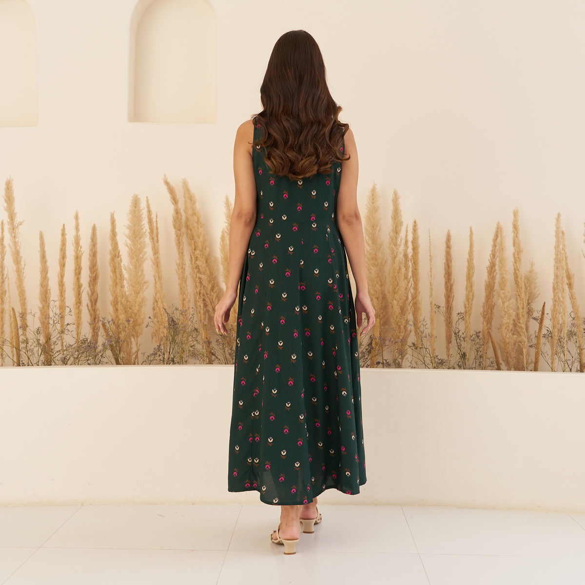Emerald Green Floral Mandarin Collar Dress