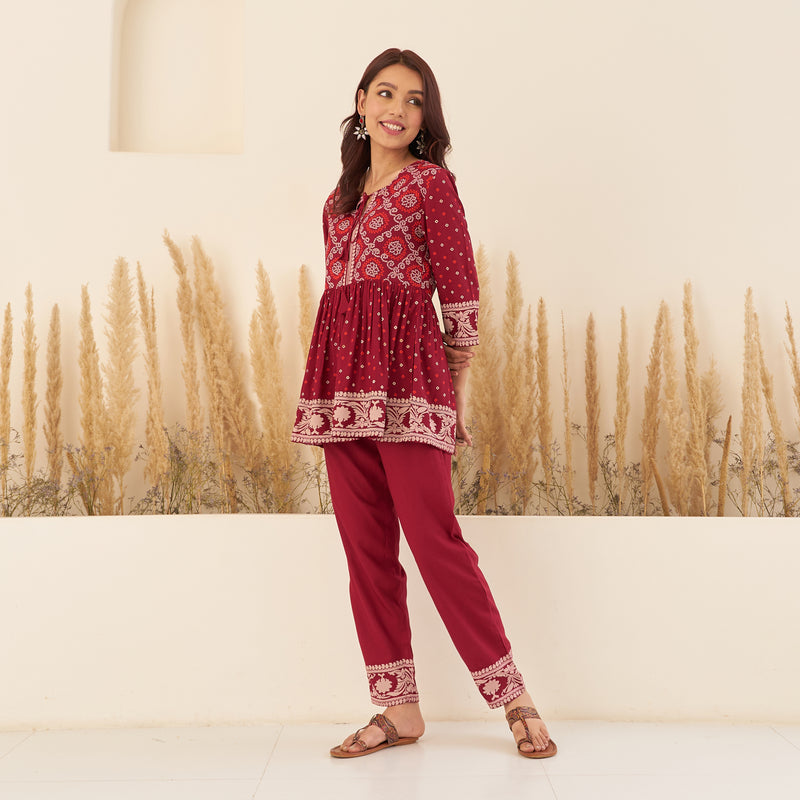 Maroon Bandhani Peplum Top with Pants