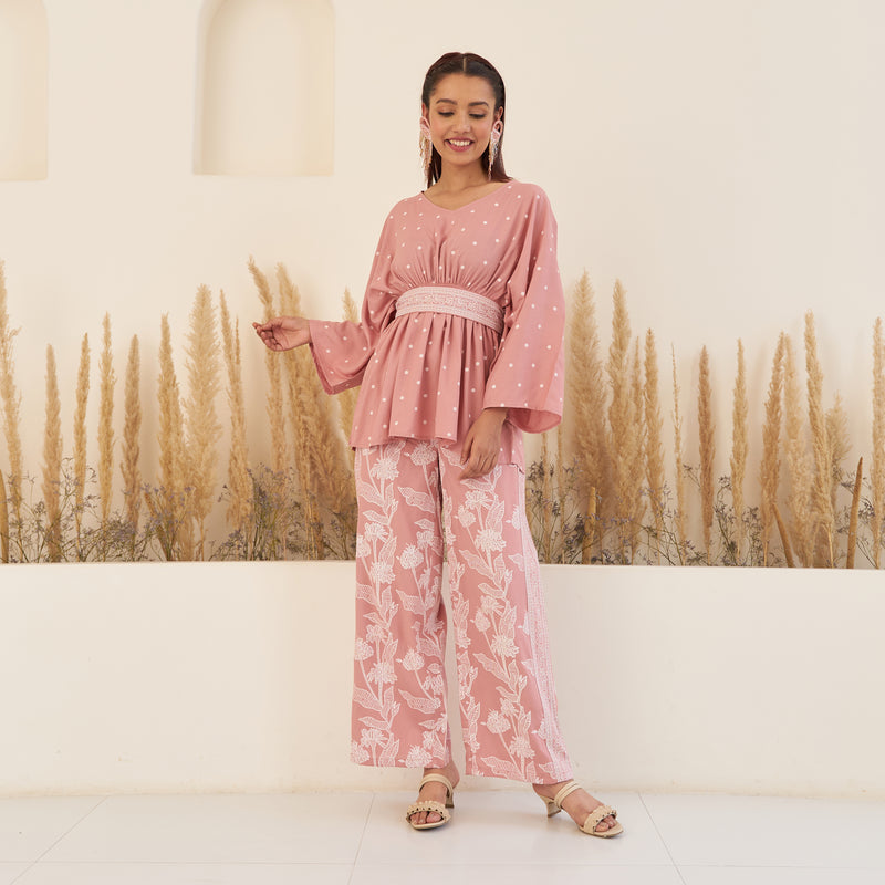 Baby Pink Gathered Top and Pant Set with Belt – Rustorange