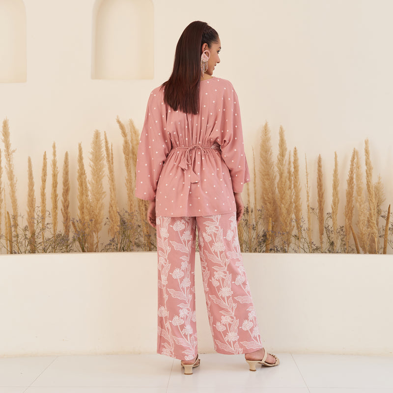 Baby Pink Gathered Top and Pant Set with Belt