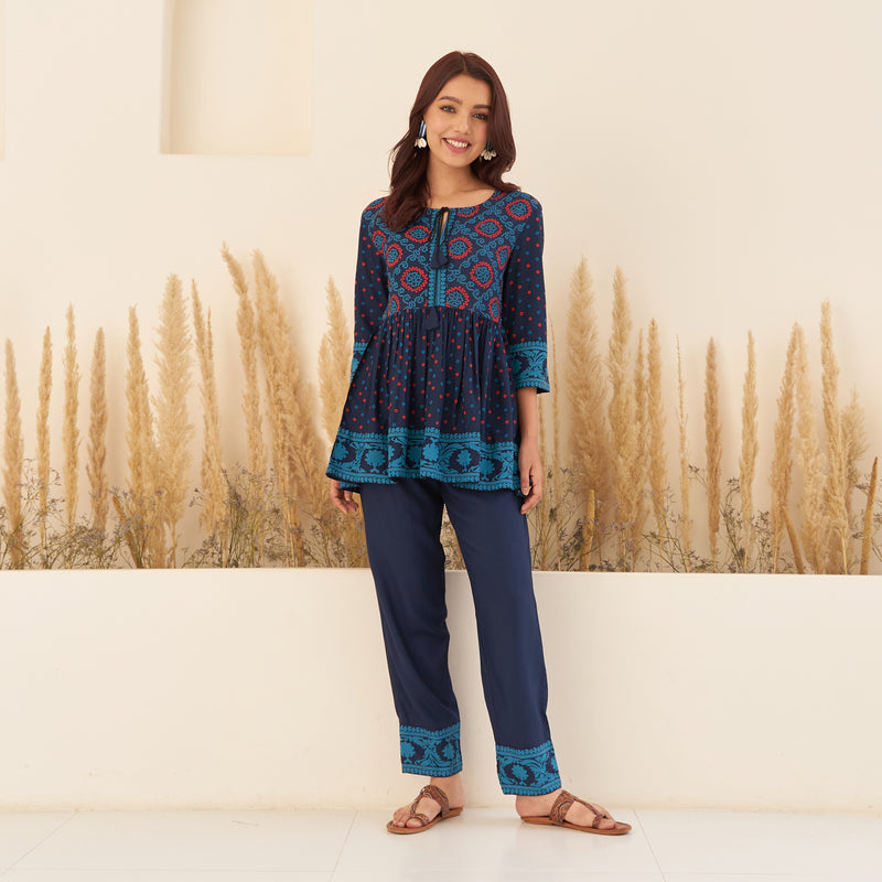 Navy Blue Bandhani Peplum Top with Pants