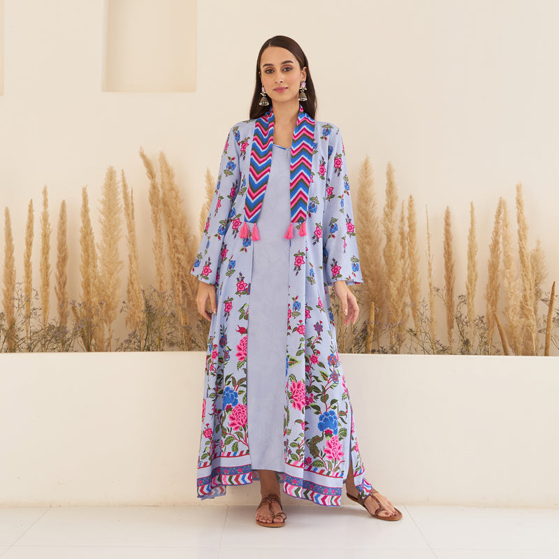 Lavender Spaghetti Drees with Long Floral Shrug