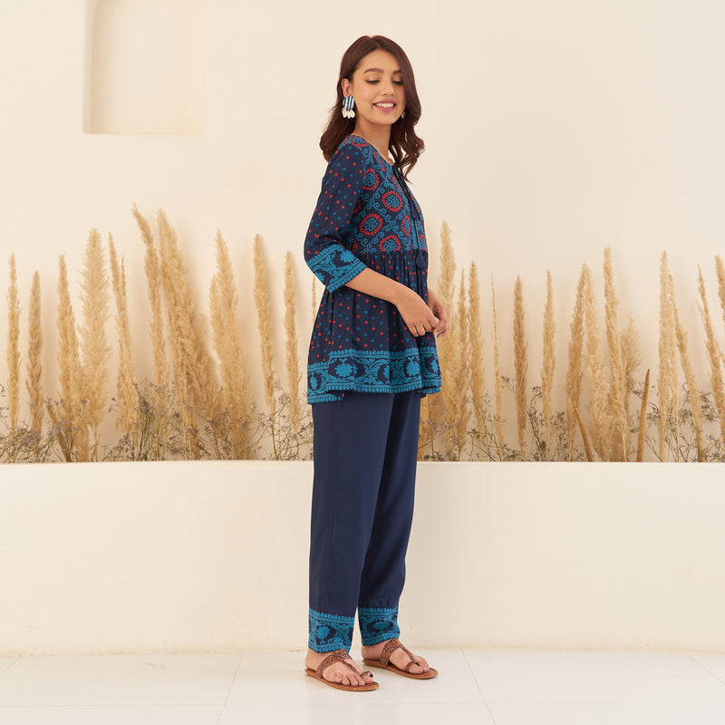 Navy Blue Bandhani Peplum Top with Pants