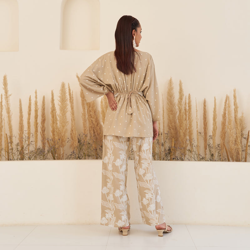 Beige Gathered Top and Pant Set with Belt