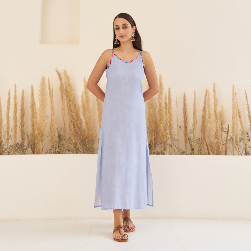 Lavender Spaghetti Drees with Long Floral Shrug