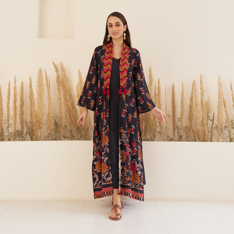 Black Spaghetti Drees with Long Floral Shrug
