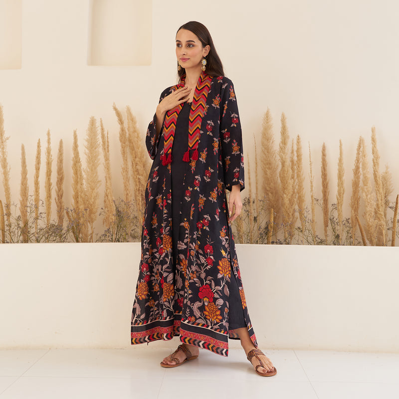 Black Spaghetti Drees with Long Floral Shrug