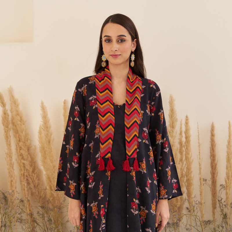 Black Spaghetti Drees with Long Floral Shrug